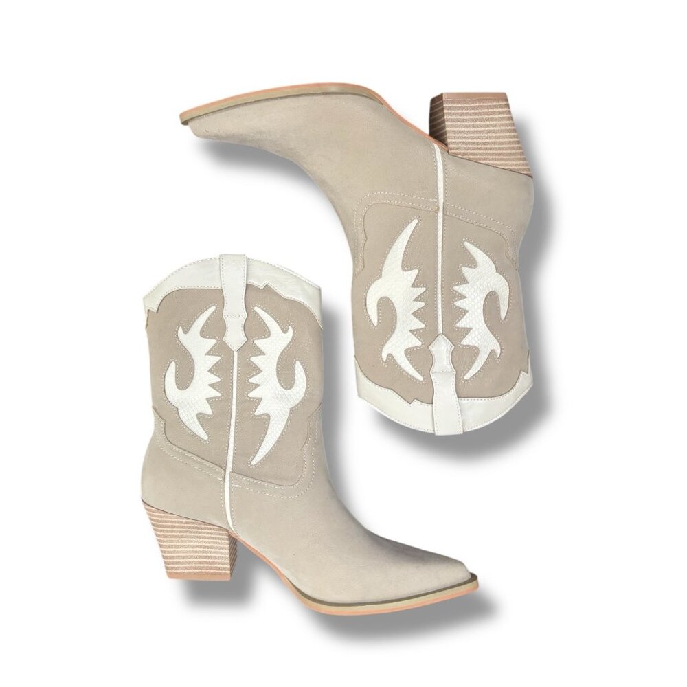 Oasis Society Houston Taupe Beige White Cowboy Western Vegan Leather Boots 8.5 - Picture 4 of 10